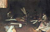 Venetian Glass Workers by John Singer Sargent: workers in a dark Venice workshop with silvery glass rods on their laps