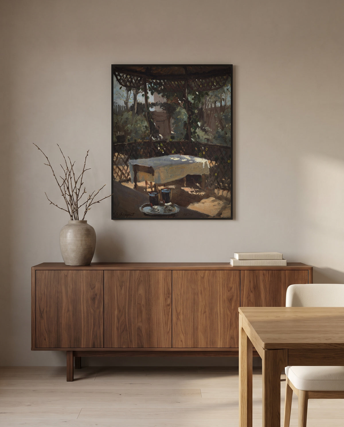 Wineglasses by John Singer Sargent in a black frame above a walnut sideboard in a dining room