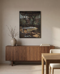 Wineglasses by John Singer Sargent in a black frame above a walnut sideboard in a dining room