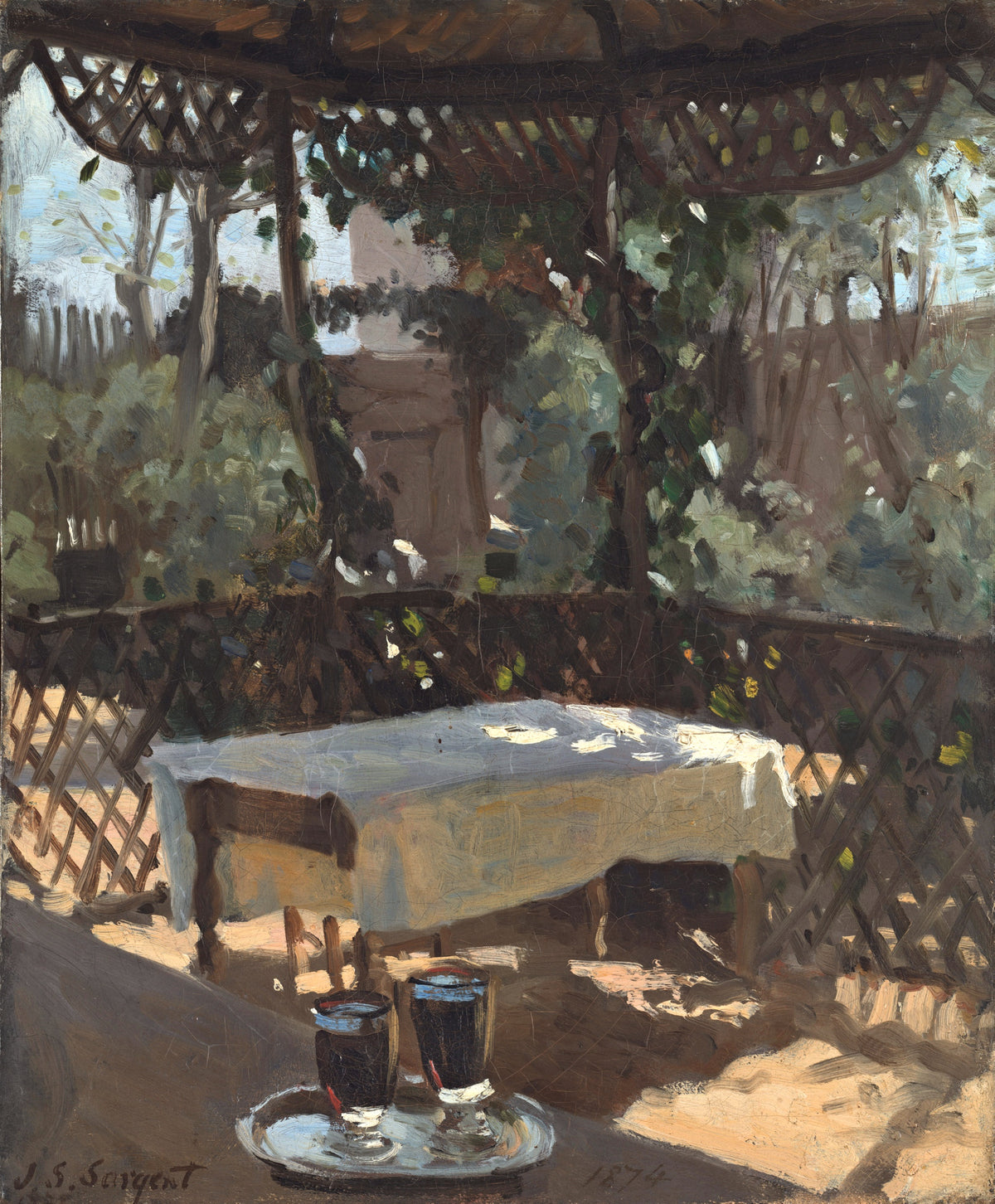 Wineglasses by John Singer Sargent: two glasses of red wine on a silver tray in a shady arbour, a sunlit table behind