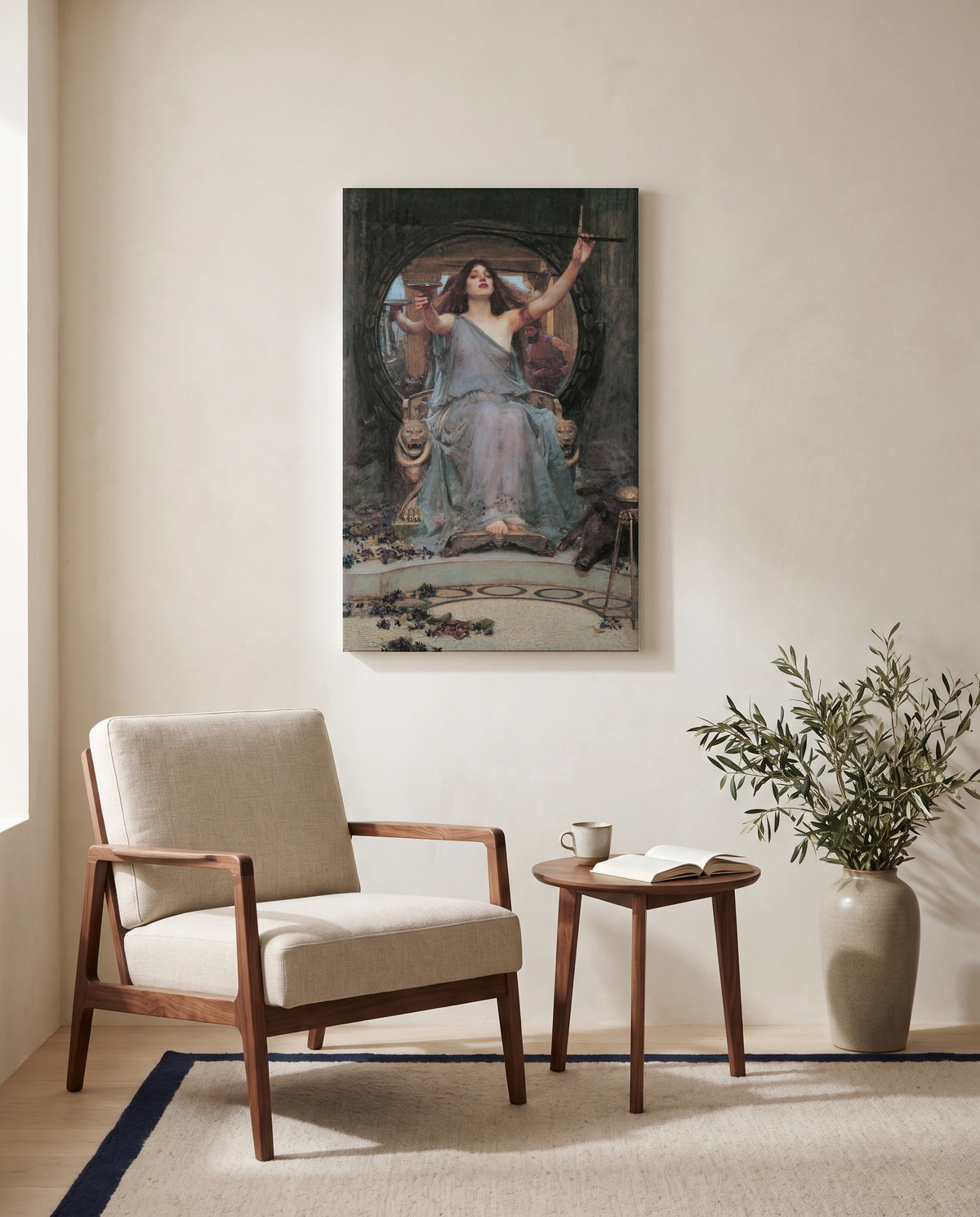 Circe and Ulysses by John William Waterhouse as a stretched canvas above a linen lounge chair in a reading corner