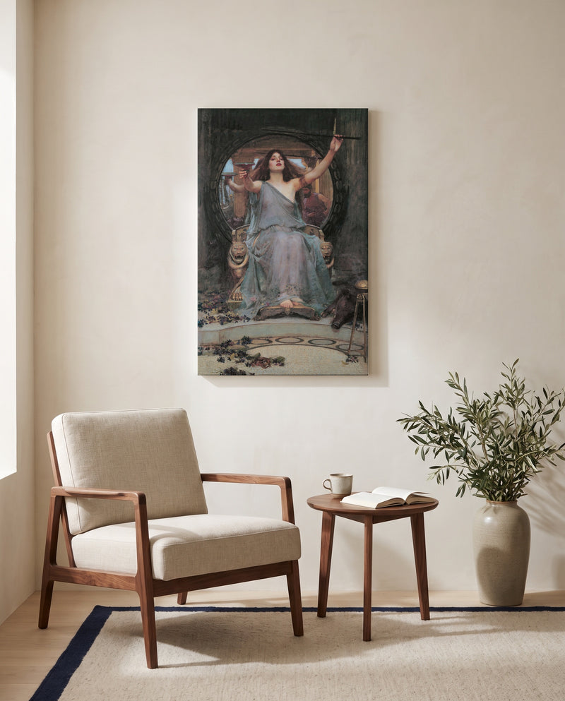 Circe and Ulysses by John William Waterhouse as a stretched canvas above a linen lounge chair in a reading corner