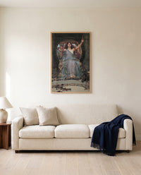 Circe and Ulysses by John William Waterhouse framed in natural oak above a cream sofa in a warm living room