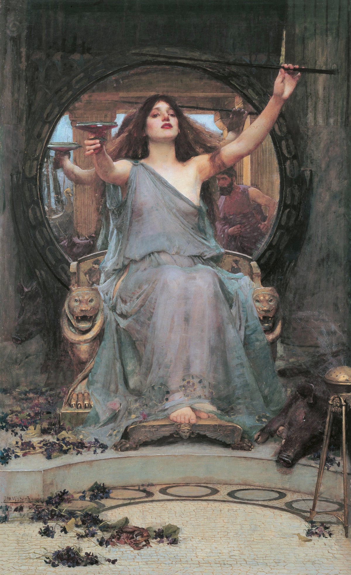 Circe Offering the Cup to Ulysses by Waterhouse: a sorceress on a throne holds up a cup and wand, a round mirror behind