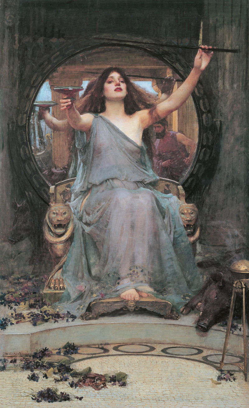 Circe Offering the Cup to Ulysses by Waterhouse: a sorceress on a throne holds up a cup and wand, a round mirror behind