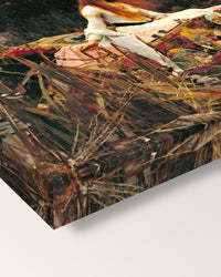 The Lady of Shalott by Waterhouse on stretched canvas, corner close-up: the painting mirror-wrapped round the sides