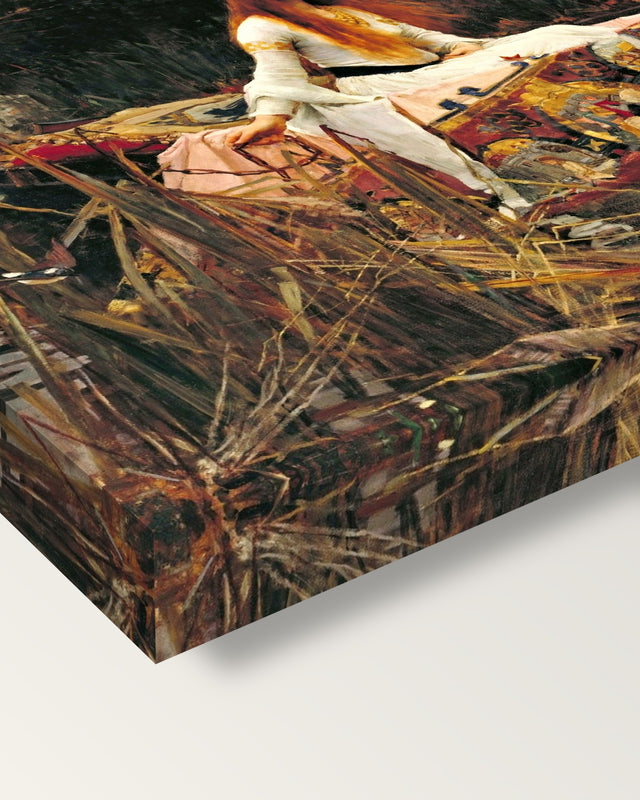 The Lady of Shalott by Waterhouse on stretched canvas, corner close-up: the painting mirror-wrapped round the sides