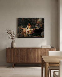 The Lady of Shalott by John William Waterhouse in a black frame above a walnut sideboard in a dining room