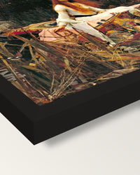 The Lady of Shalott by Waterhouse framed print, corner close-up: black moulding, mitred, the print set just below its edge