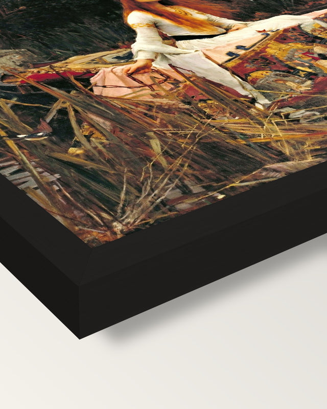 The Lady of Shalott by Waterhouse framed print, corner close-up: black moulding, mitred, the print set just below its edge