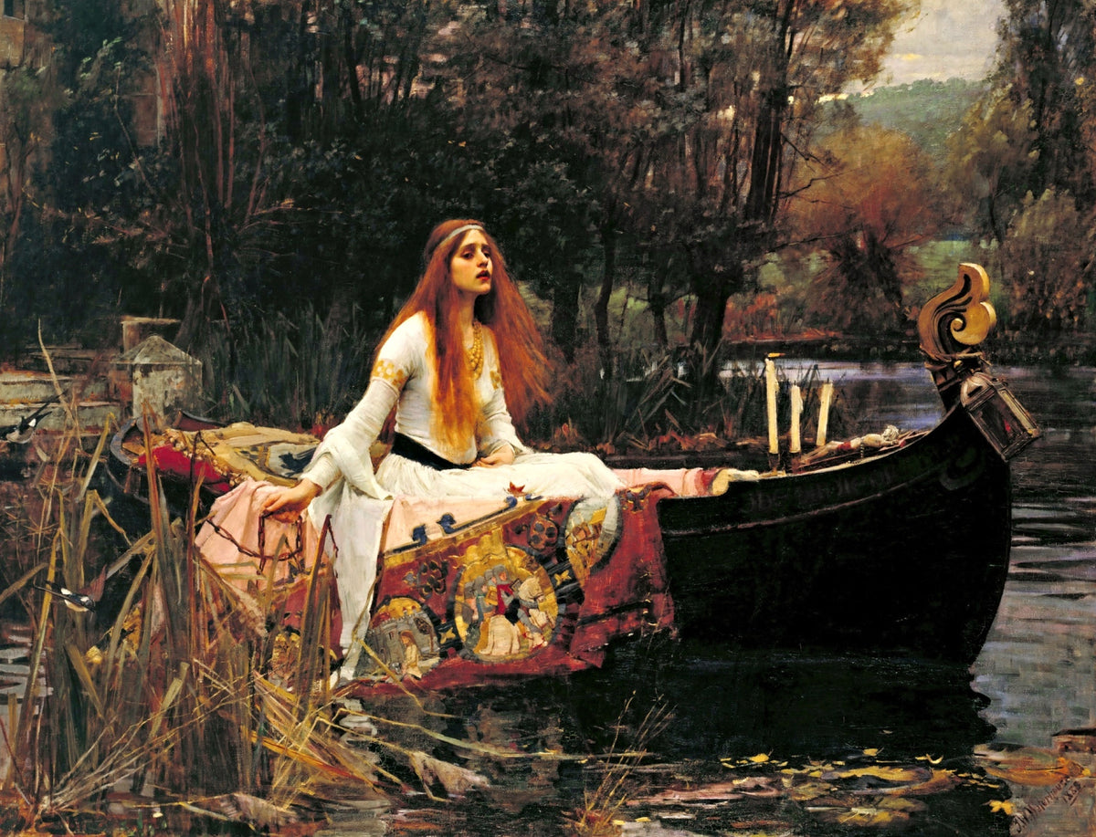 The Lady of Shalott by Waterhouse: a woman in white with long red hair sits in a boat on a dark river, candles and a lantern