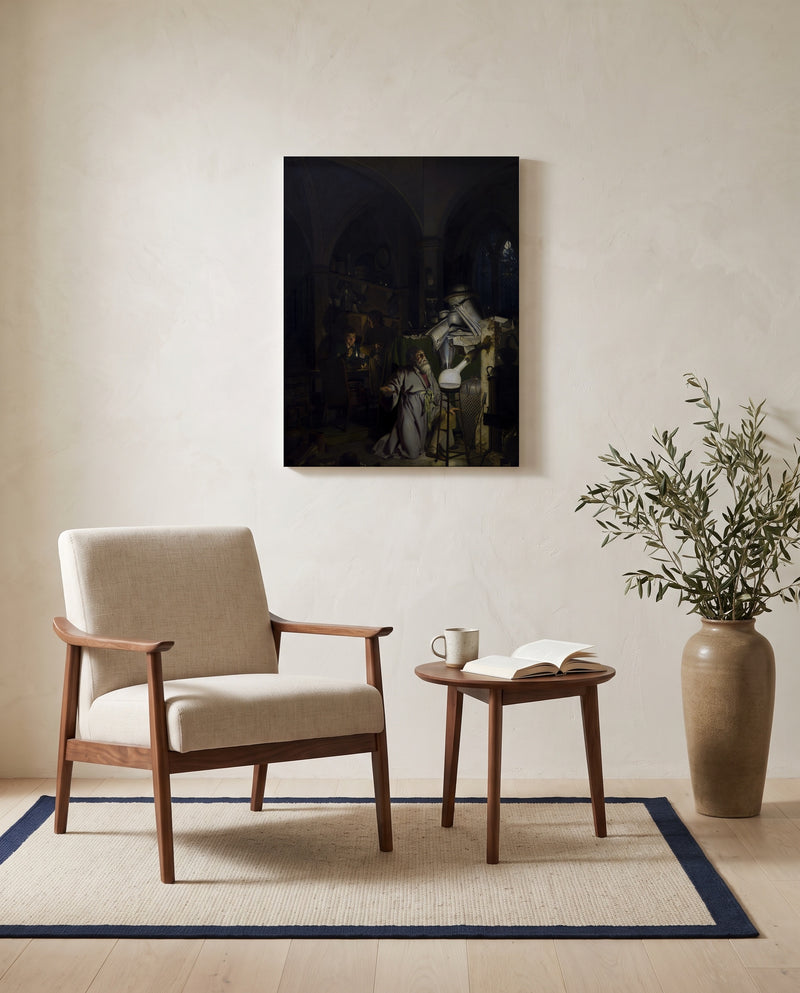 The Alchemist by Joseph Wright of Derby as a stretched canvas above a linen lounge chair in a reading corner