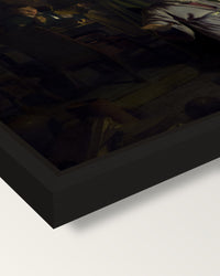 The Alchemist by of Derby framed canvas, corner close-up: a black floating frame with a shadow gap round the canvas