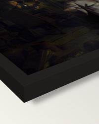 The Alchemist by of Derby framed print, corner close-up: black moulding, mitred, the print set just below its edge