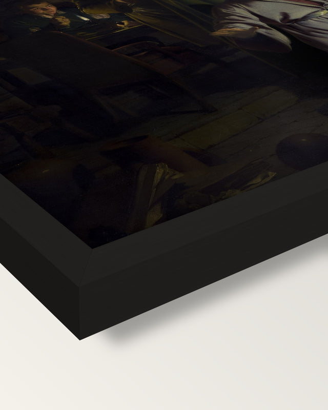 The Alchemist by of Derby framed print, corner close-up: black moulding, mitred, the print set just below its edge