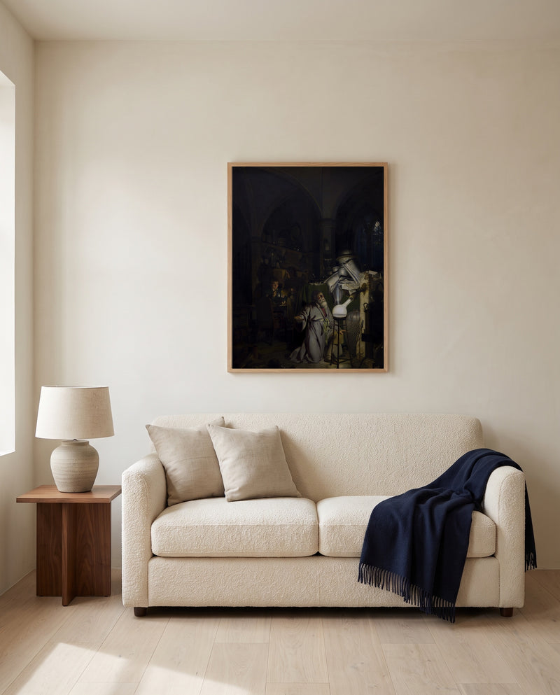 The Alchemist by Joseph Wright of Derby framed in natural oak above a cream sofa in a warm living room