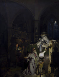 The Alchemist by Joseph Wright of Derby: an old man kneeling before a glowing glass flask in a dark vaulted room