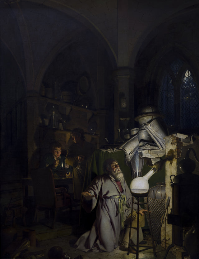 The Alchemist by Joseph Wright of Derby: an old man kneeling before a glowing glass flask in a dark vaulted room