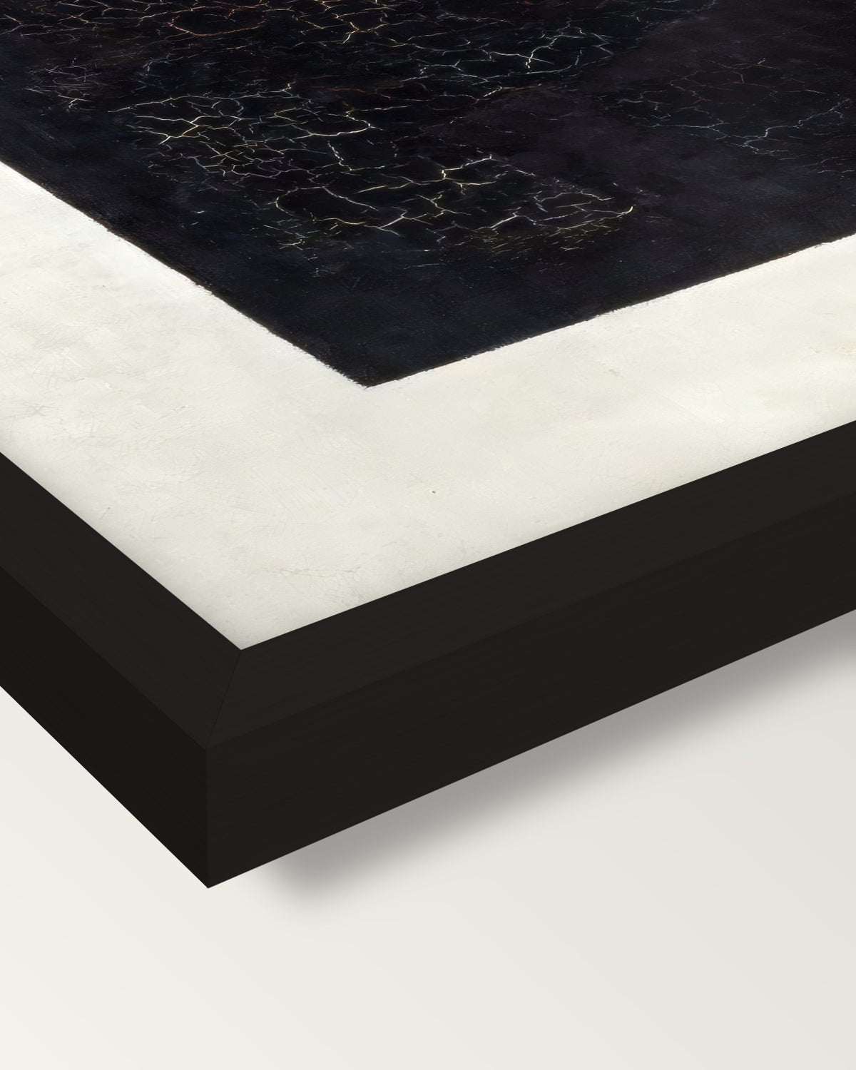 Black Square by Kazimir Malevich framed print, corner close-up: black moulding, mitred, the print set just below its edge