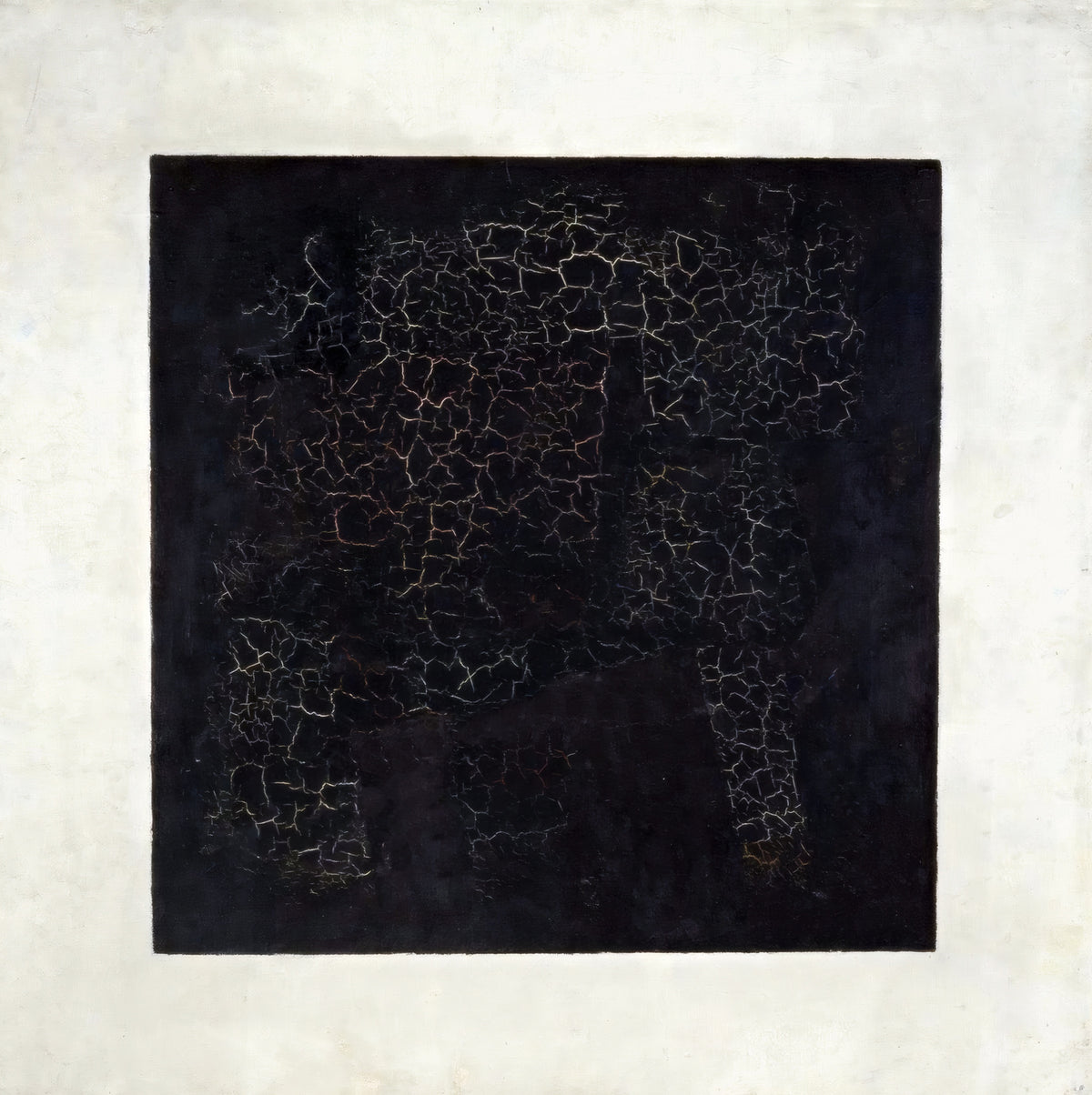 Black Square by Kazimir Malevich: a large black square with fine cracks across its surface on a white ground