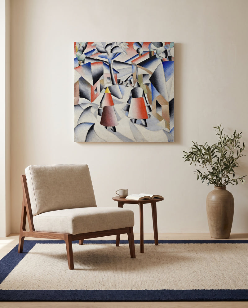 Morning in the Village by Kazimir Malevich as a stretched canvas above a linen lounge chair in a reading corner