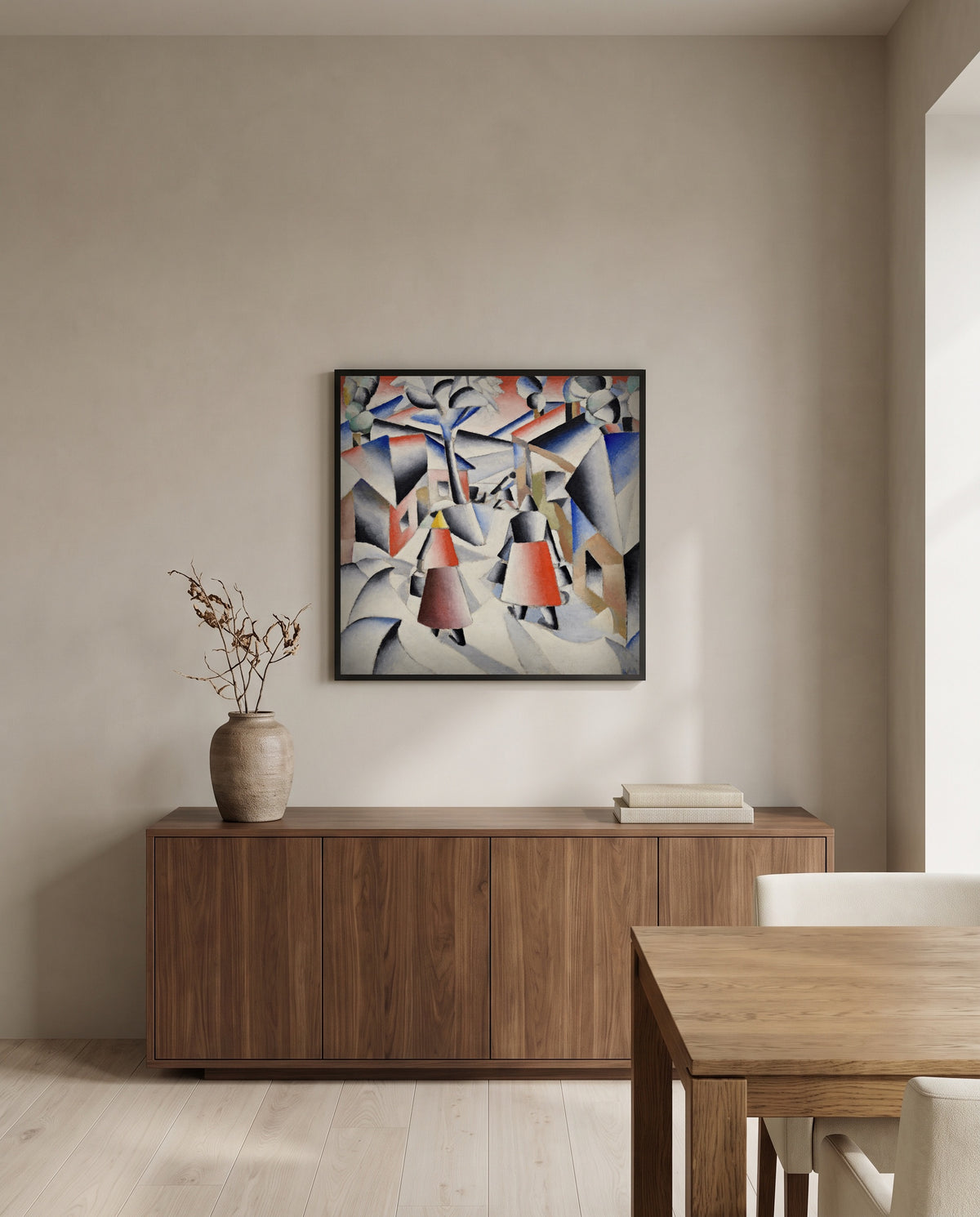 Morning in the Village by Kazimir Malevich in a black frame above a walnut sideboard in a dining room