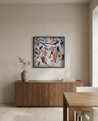 Morning in the Village by Kazimir Malevich in a black frame above a walnut sideboard in a dining room