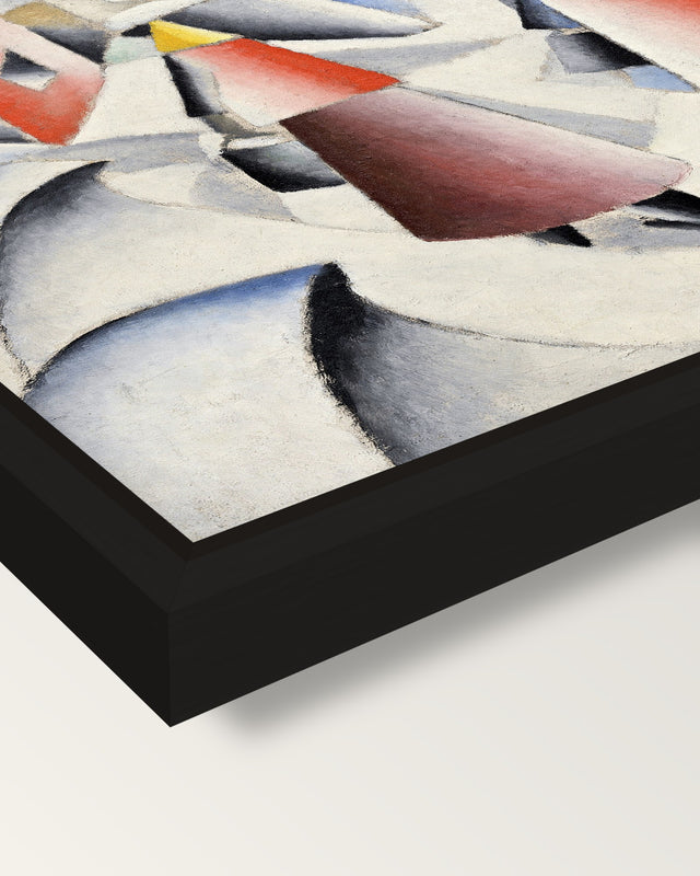 Morning in the Village by Malevich framed canvas, corner close-up: a black floating frame with a shadow gap round the canvas