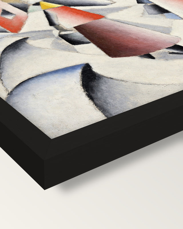 Morning in the Village by Malevich framed print, corner close-up: black moulding, mitred, the print set just below its edge