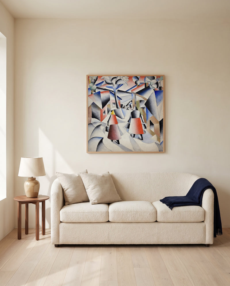 Morning in the Village by Kazimir Malevich framed in natural oak above a cream sofa in a warm living room