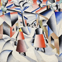 Morning in the Village after Snowstorm by Malevich: peasants and houses as metallic cones and cylinders in snow, red and blue