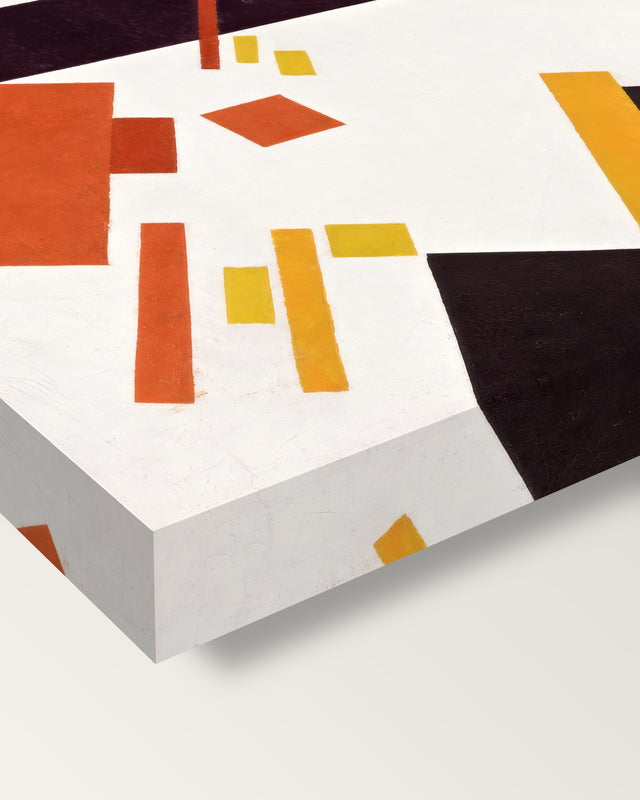 Suprematist Composition by Kazimir Malevich on stretched canvas, corner close-up: the painting mirror-wrapped round the sides