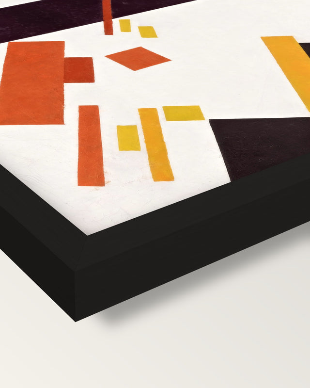 Suprematist Composition by Malevich framed print, corner close-up: black moulding, mitred, the print set just below its edge