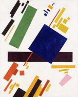 Suprematist Composition by Malevich: a tilted blue rectangle over a dark beam, with green, yellow and black bars on white