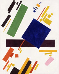 Suprematist Composition by Malevich: a tilted blue rectangle over a dark beam, with green, yellow and black bars on white