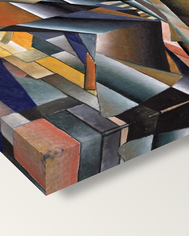 The Knife Grinder by Kazimir Malevich on stretched canvas, corner close-up: the painting mirror-wrapped round the sides