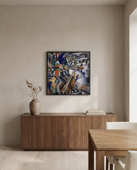 The Knife Grinder by Kazimir Malevich in a black frame above a walnut sideboard in a dining room