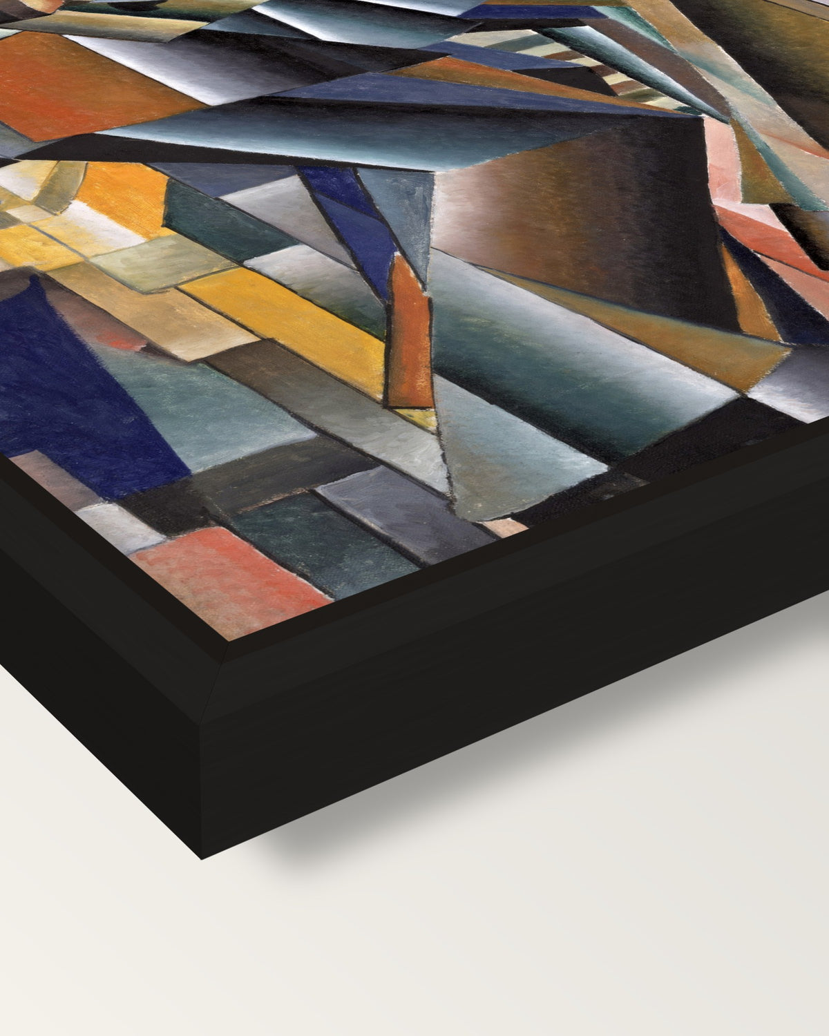 The Knife Grinder by Malevich framed canvas, corner close-up: a black floating frame with a shadow gap round the canvas