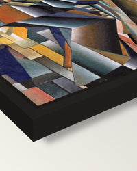 The Knife Grinder by Malevich framed canvas, corner close-up: a black floating frame with a shadow gap round the canvas