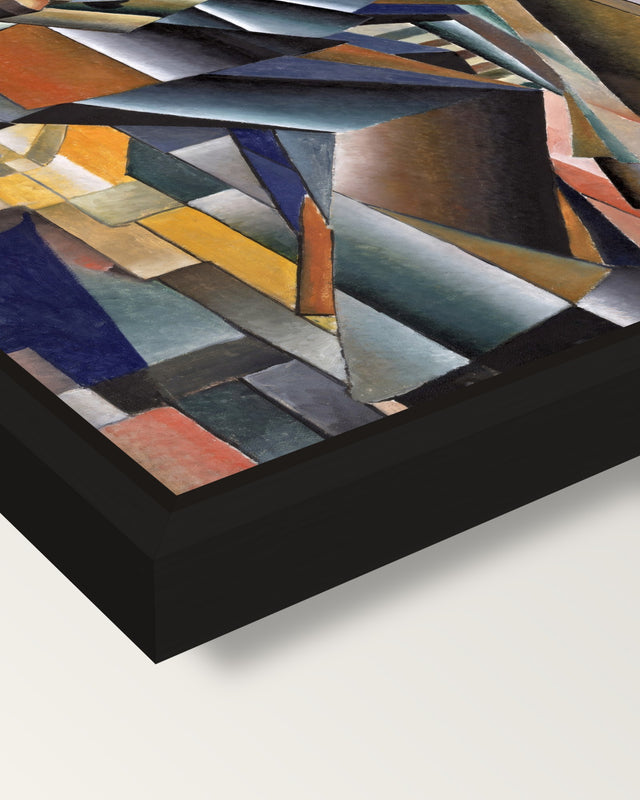 The Knife Grinder by Malevich framed canvas, corner close-up: a black floating frame with a shadow gap round the canvas