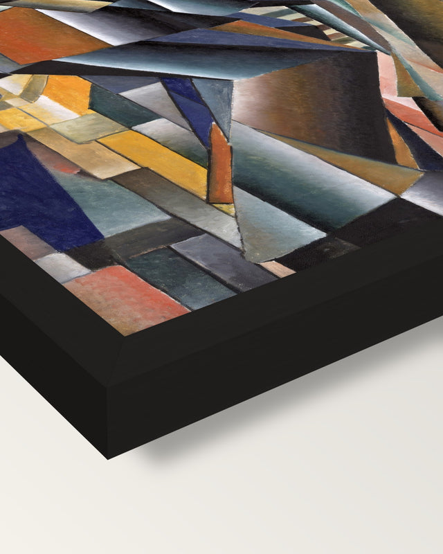 The Knife Grinder by Malevich framed print, corner close-up: black moulding, mitred, the print set just below its edge