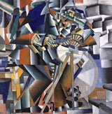 The Knife Grinder by Kazimir Malevich: a man grinding a knife at a wheel, broken into blue, green and silver geometric planes