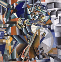 The Knife Grinder by Kazimir Malevich: a man grinding a knife at a wheel, broken into blue, green and silver geometric planes