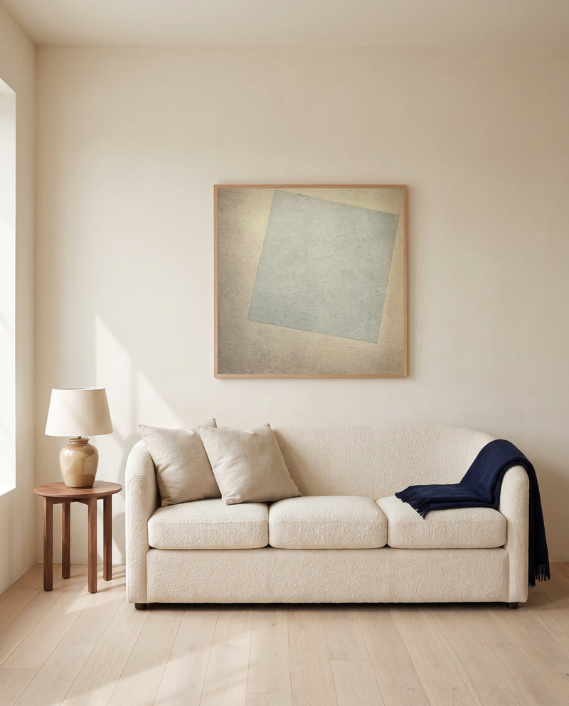 White on White by Kazimir Malevich framed in natural oak above a cream sofa in a warm living room
