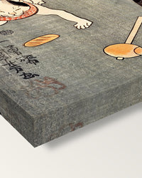Four Cats (Proverbs) by Utagawa Kuniyoshi on stretched canvas, corner close-up: the painting mirror-wrapped round the sides