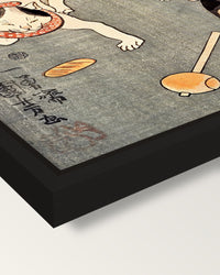 Four Cats (Proverbs) by Kuniyoshi framed canvas, corner close-up: a black floating frame with a shadow gap round the canvas