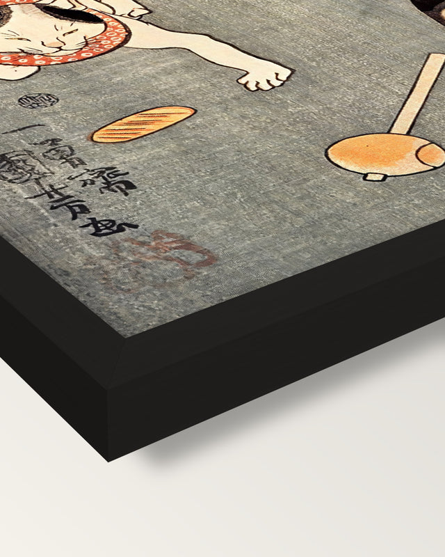 Four Cats (Proverbs) by Kuniyoshi framed print, corner close-up: black moulding, mitred, the print set just below its edge