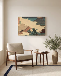 Mount Asama from Usui Pass by Utagawa Kuniyoshi as a stretched canvas above a linen lounge chair in a reading corner