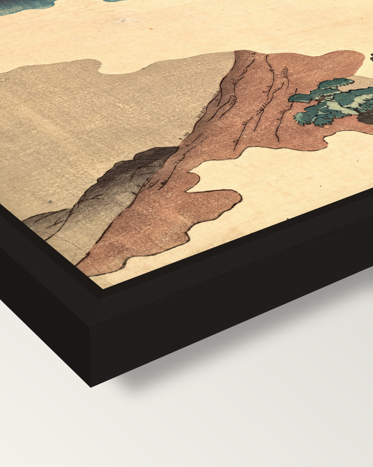 Mount Asama from Usui Pass framed canvas, corner close-up: a black floating frame with a shadow gap round the canvas