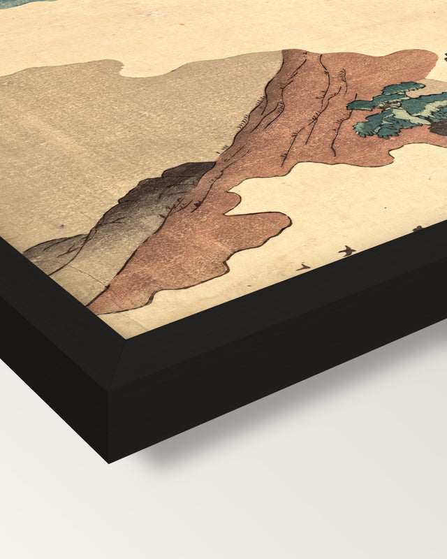 Mount Asama from Usui Pass framed print, corner close-up: black moulding, mitred, the print set just below its edge